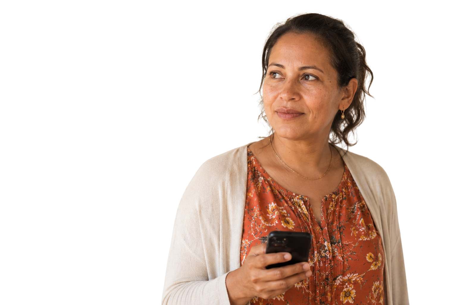 A woman holding a smartphone, looking off to the side.