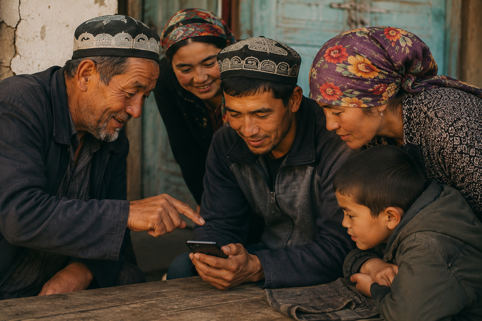 A family gathered around a phone, looking at a campaign together in an everyday setting.